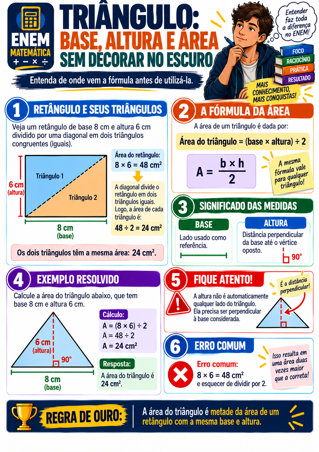 Página visual ENEM Matemática: Triângulo — base, altura e área